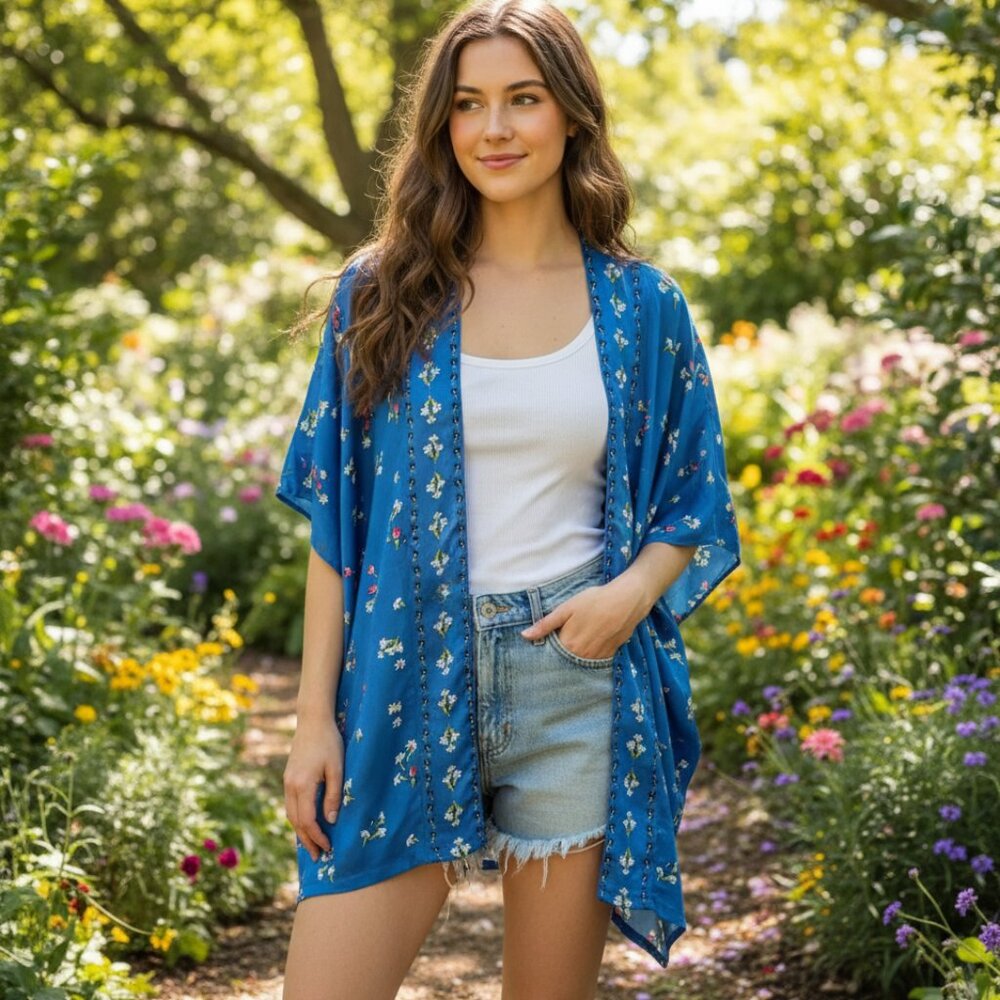 NEW Loft XS S Kimono Blue Floral Coverup Oversized Flowy Boho Beach Resort Chic